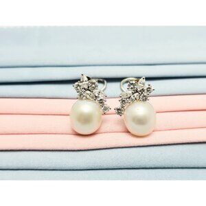 Unique 14K Karat Solid White Gold Designer Pearl & Diamond French Clip Earrings